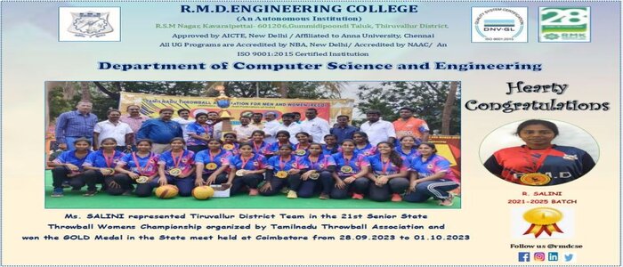 Ms. R. Salini of III Year CSE(2025 Batch) has represented Tiruvallur District Team in the 21st Senior State Throwball Womens Championship organized by Tamilnadu Throwball Association and won the GOLD Medal in the State meet held at Coimbatore from 28.09.2023 to 01.10.2023.