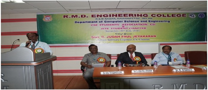 Dr.P.Ezhumalai,Professor and HOD , CSE Department addressing the gathering on the occasion of CSE Students Association,CSI and ISTE Student Chapter